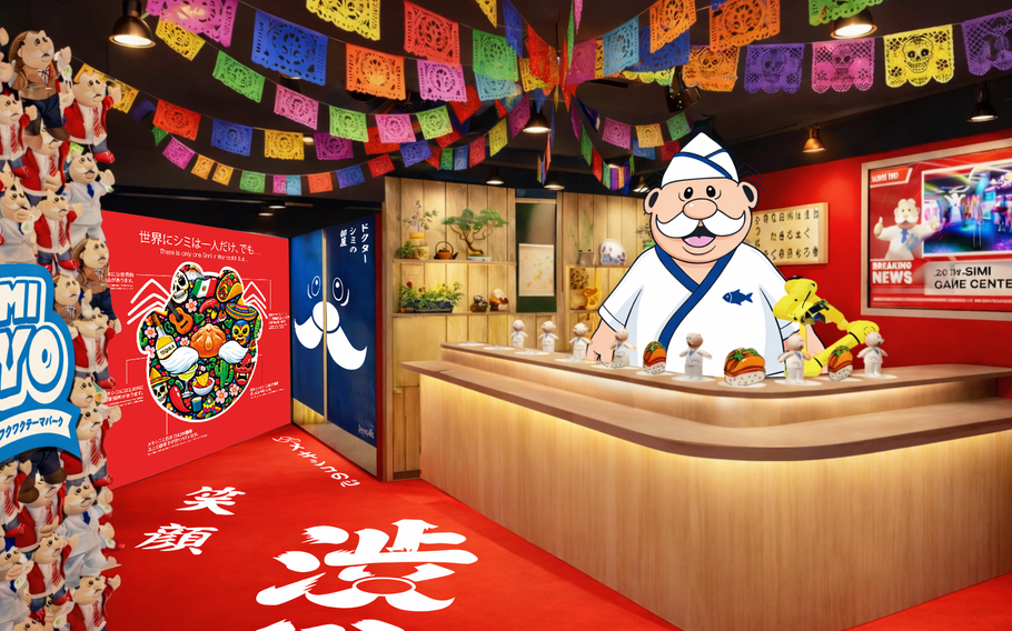  Dr. Simi stands at a sushi counter.